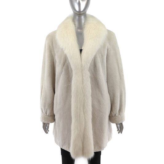 White Sheared Beaver Coat with Fox Tuxedo- Size XL