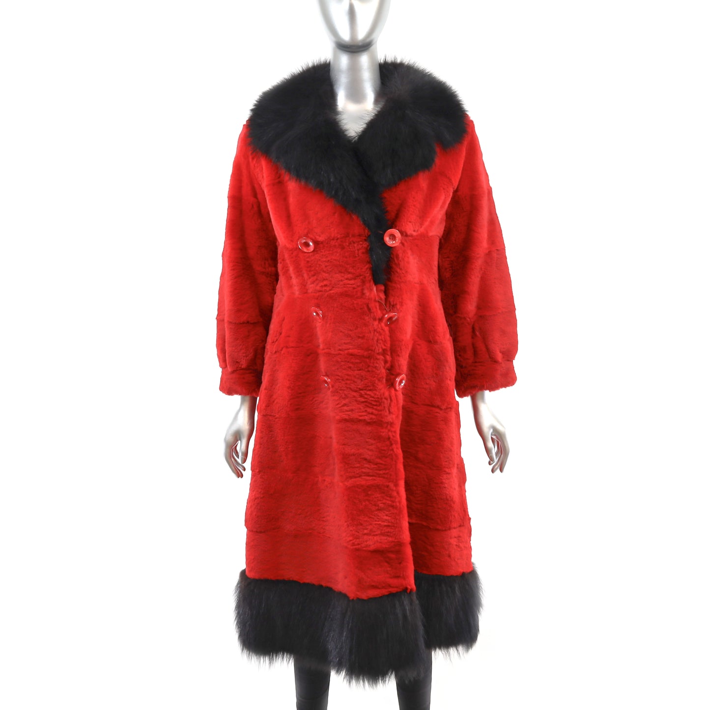 Red Sheared Rabbit Coat with Fox Trim- Size S