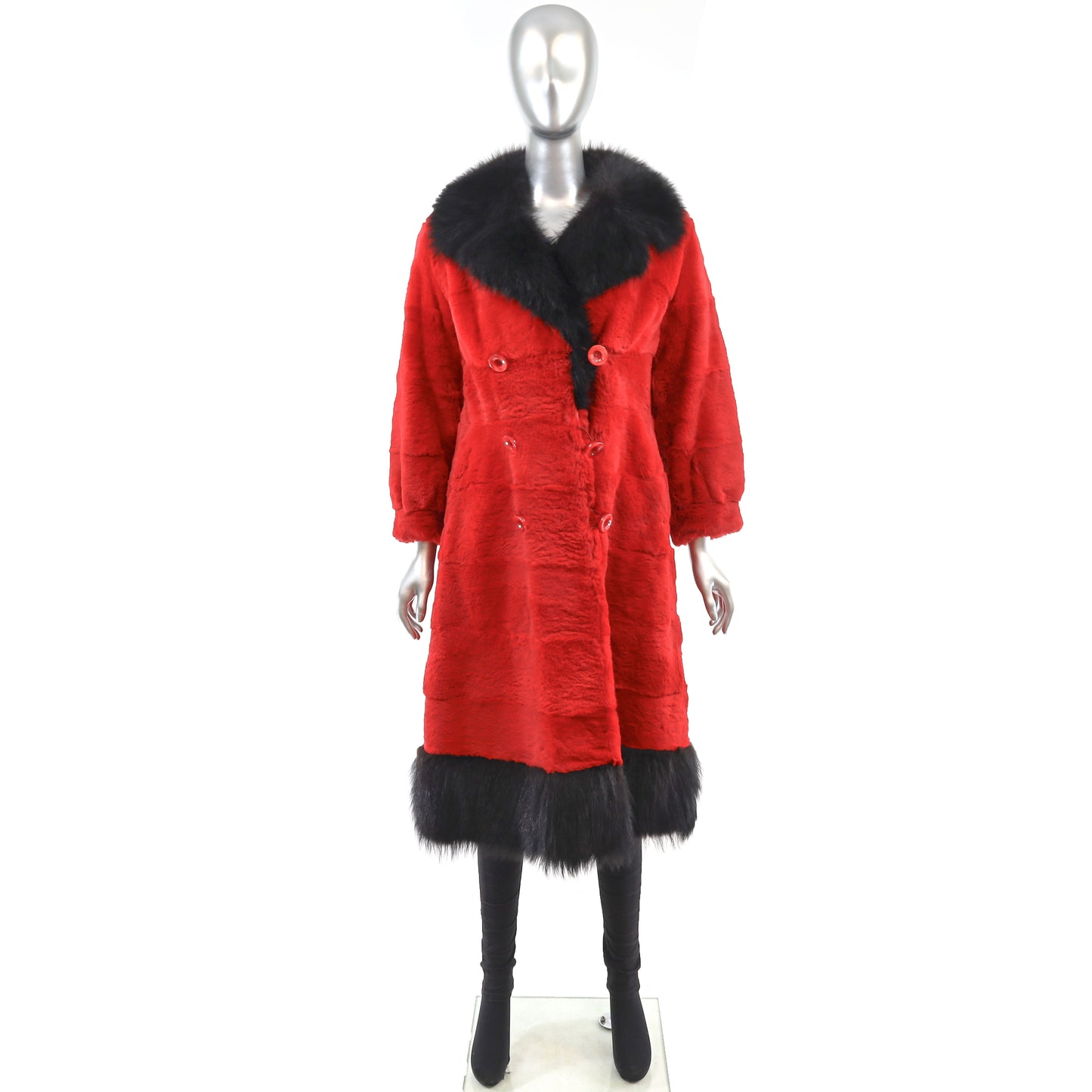 Red Sheared Rabbit Coat with Fox Trim- Size S