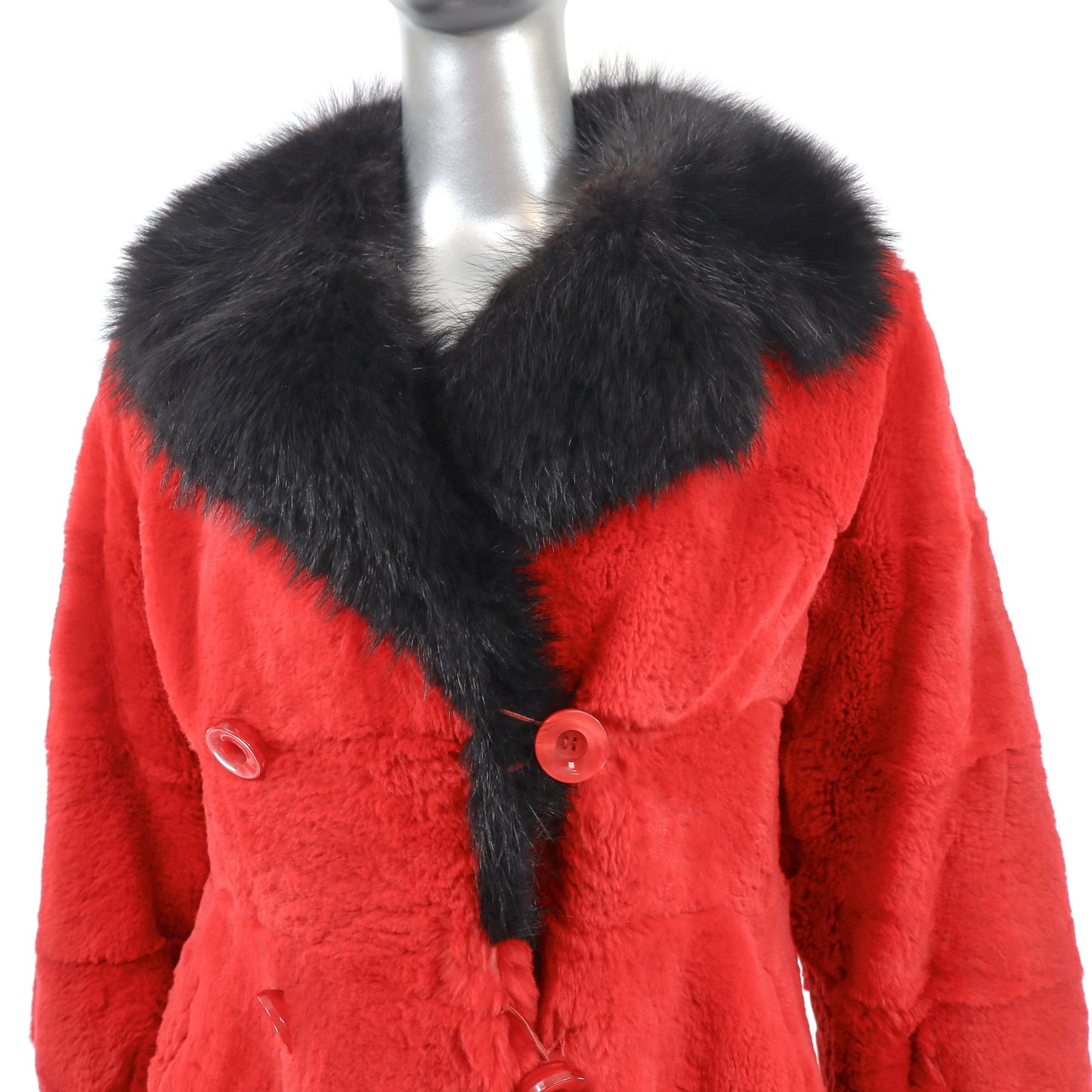 Red Sheared Rabbit Coat with Fox Trim- Size S