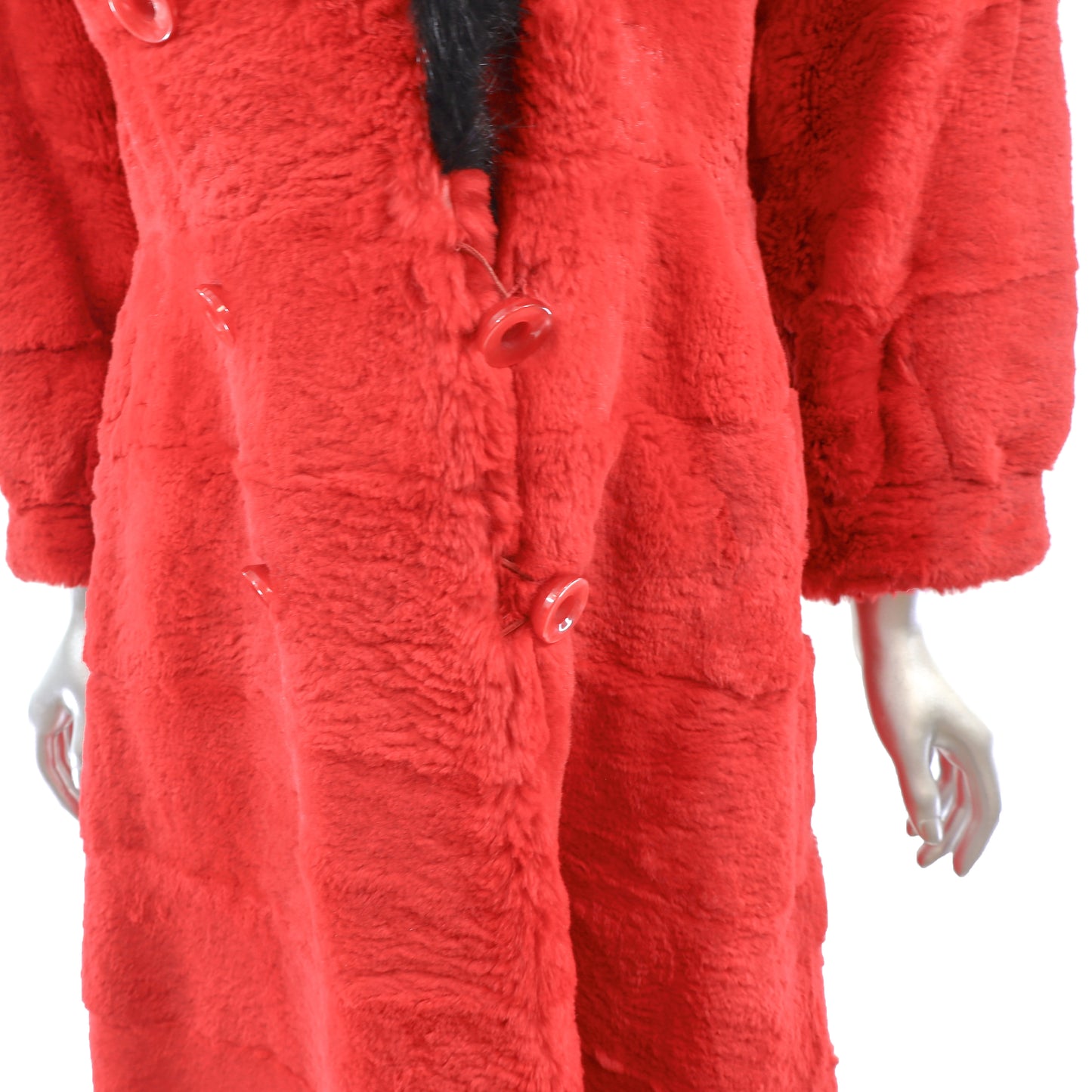 Red Sheared Rabbit Coat with Fox Trim- Size S