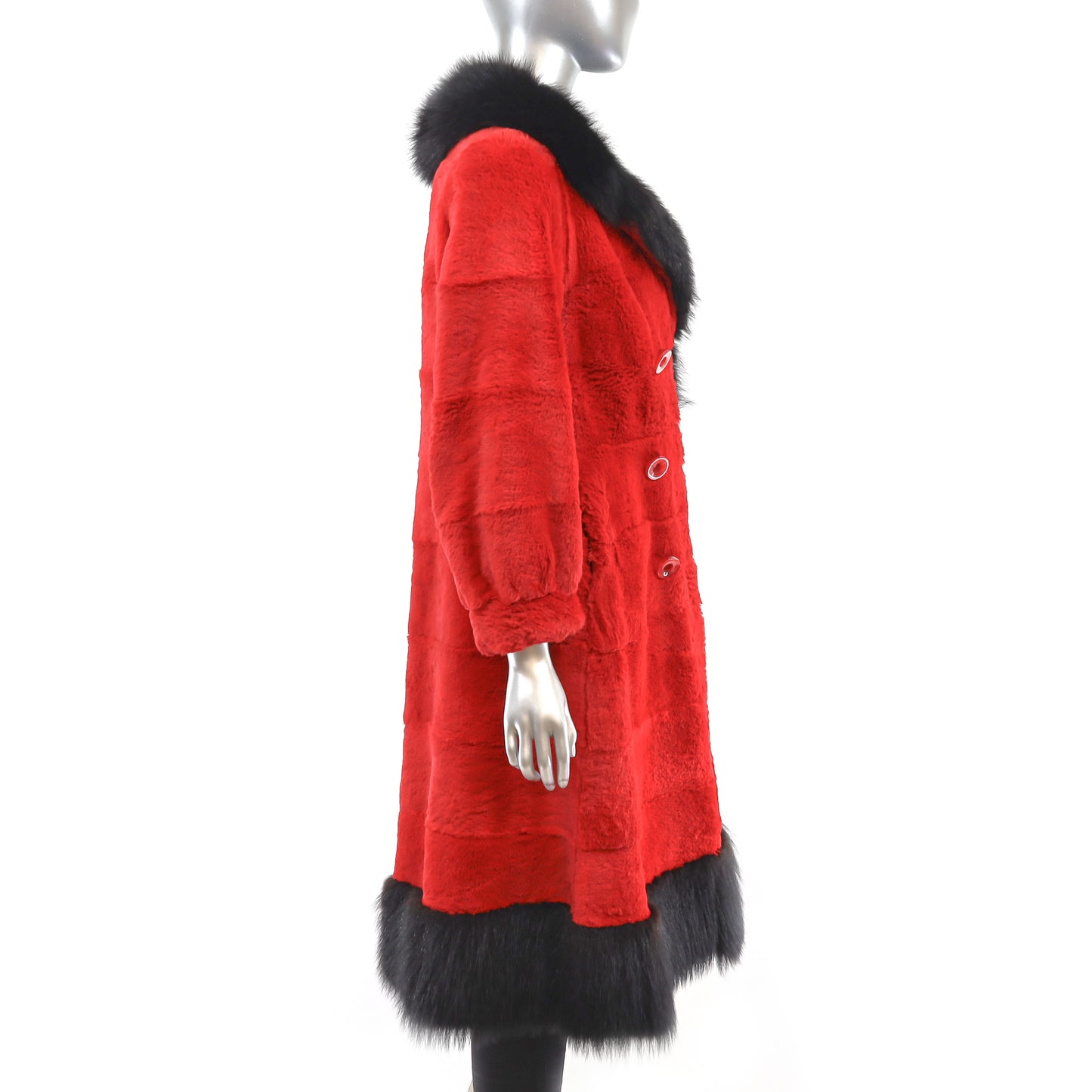 Red Sheared Rabbit Coat with Fox Trim- Size S