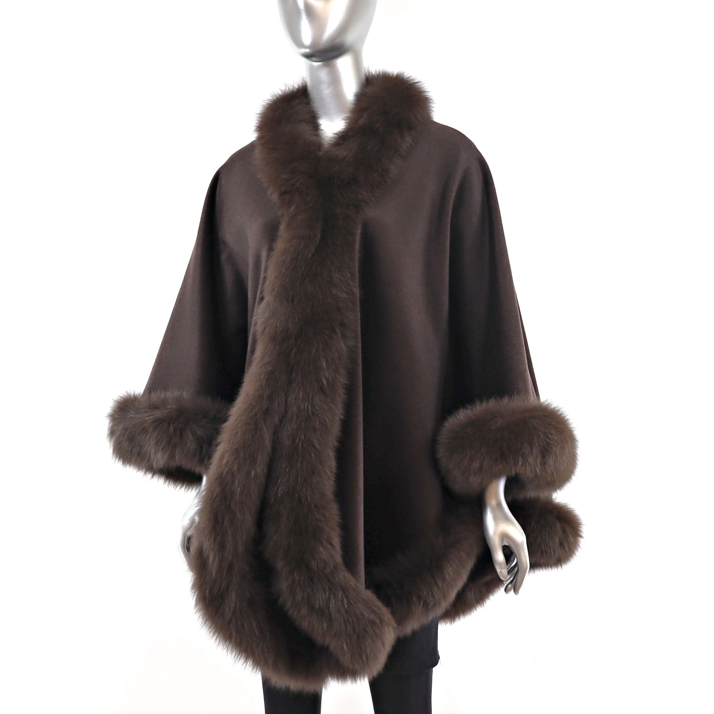 Brown Cashmere Cape with Fox Trim- Size Free