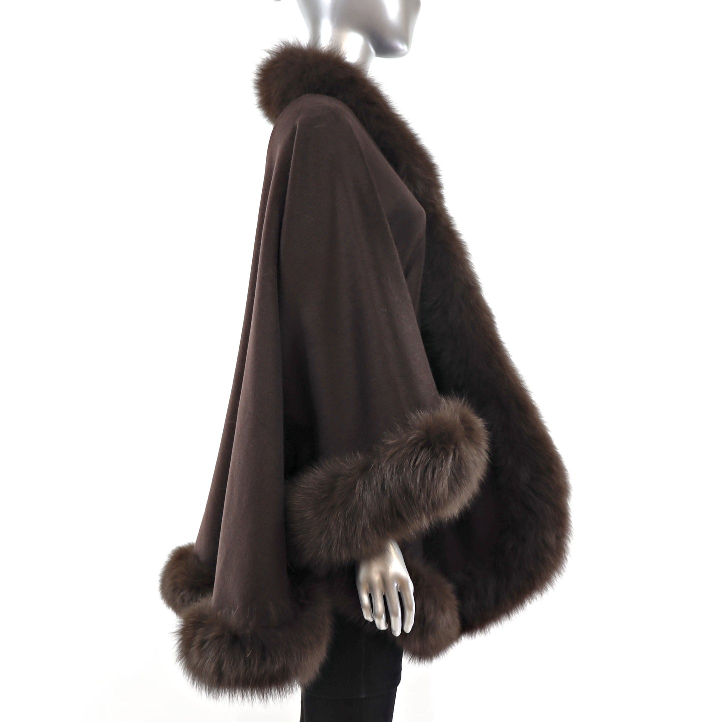 Brown Cashmere Cape with Fox Trim- Size Free