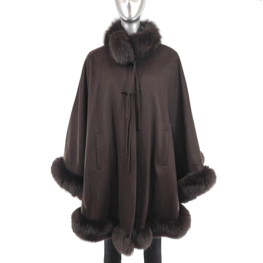 Brown Cashmere Cape with Fox Trim- Size Free