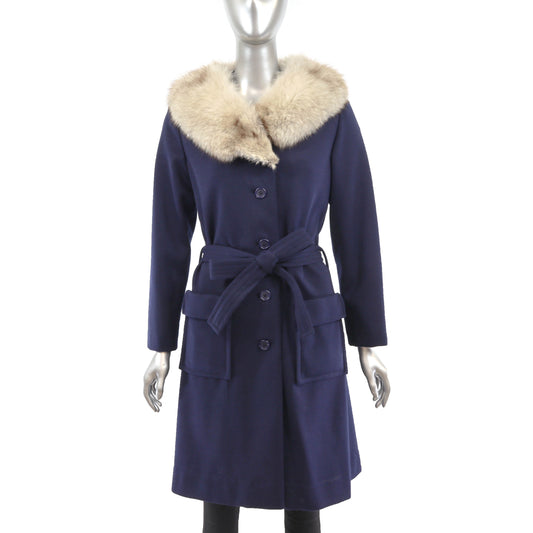 Dark Blue Cloth Coat with Fox Collar- Size S