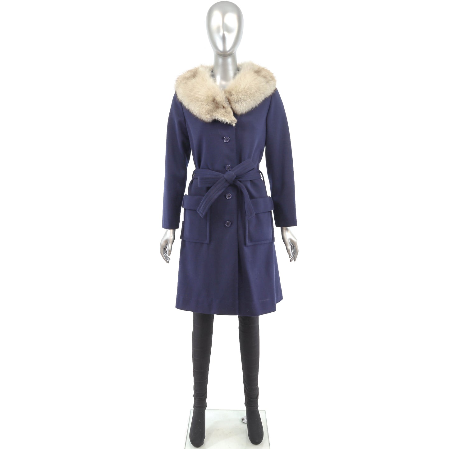 Dark Blue Cloth Coat with Fox Collar- Size S