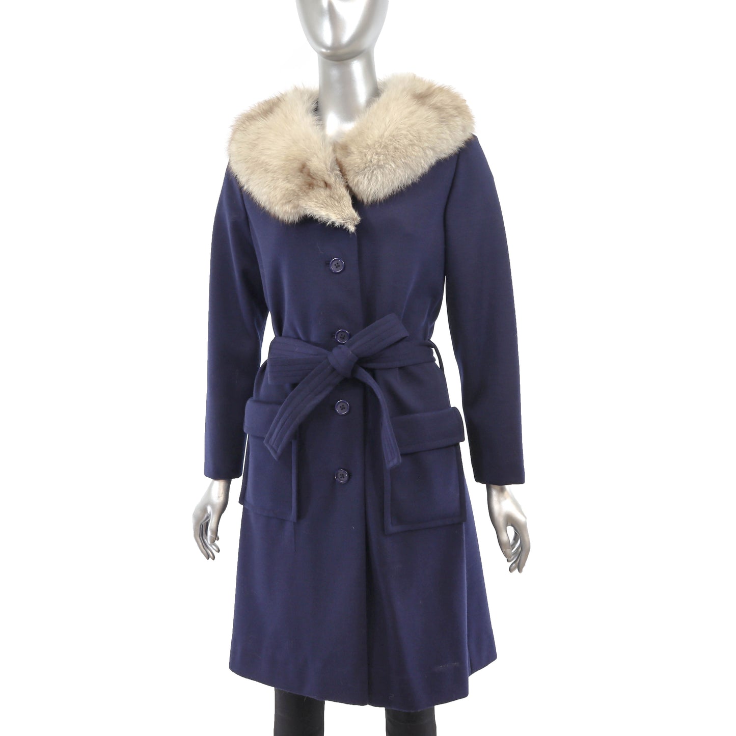 Dark Blue Cloth Coat with Fox Collar- Size S