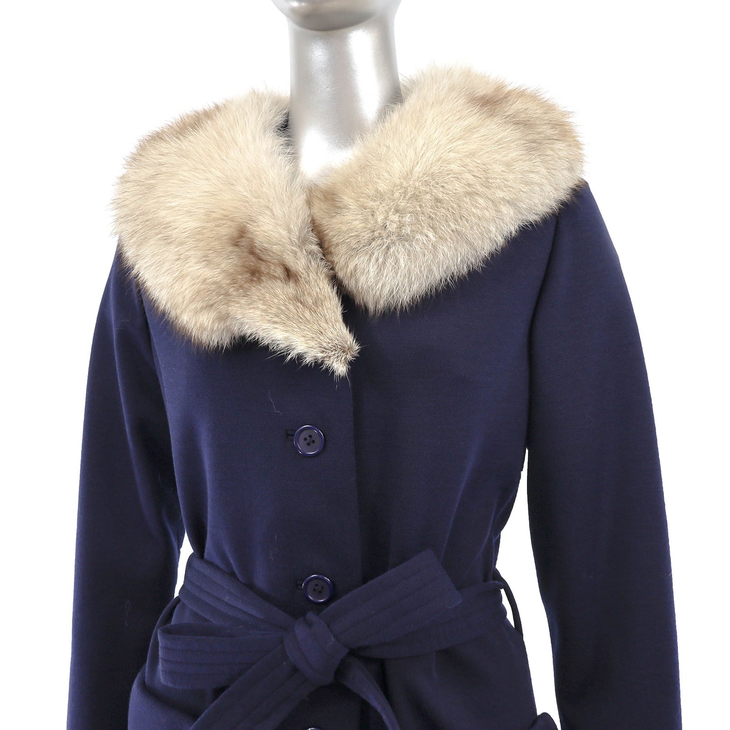 Dark Blue Cloth Coat with Fox Collar- Size S