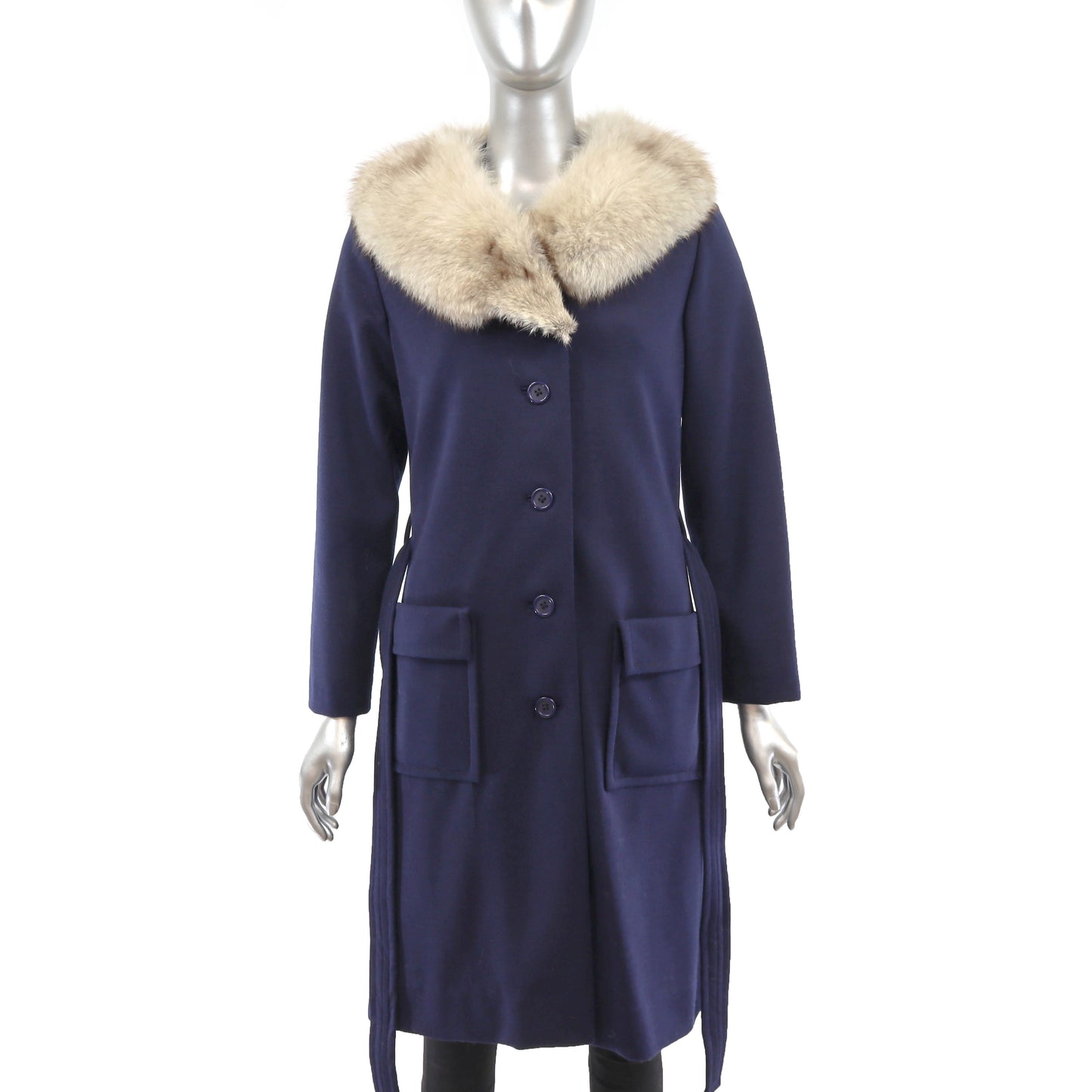 Dark Blue Cloth Coat with Fox Collar- Size S