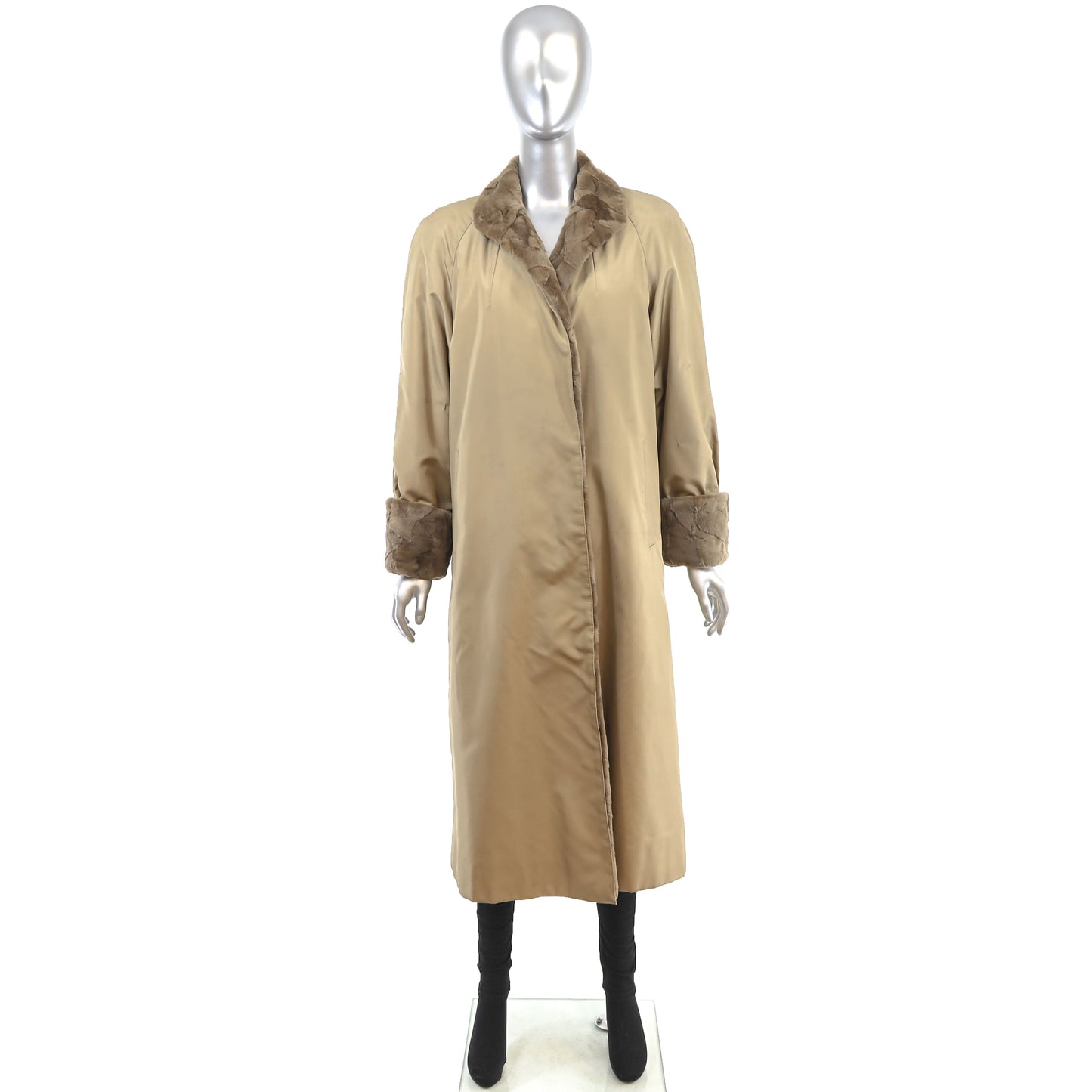 Beige Fabric Coat with Sheared Section Mink Liner- Size S