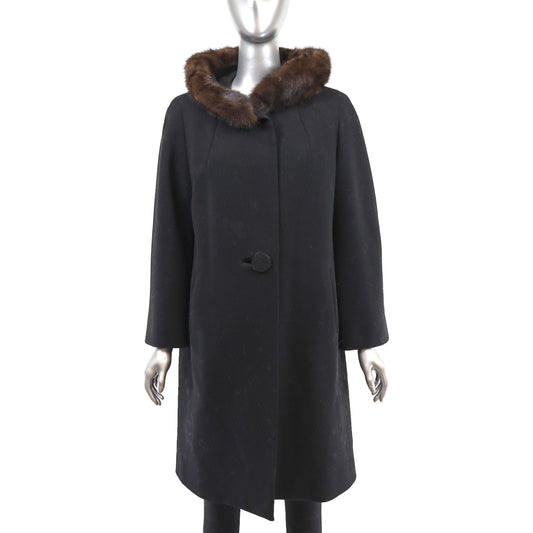 Black Fabric Coat With Mink Collar- Size L