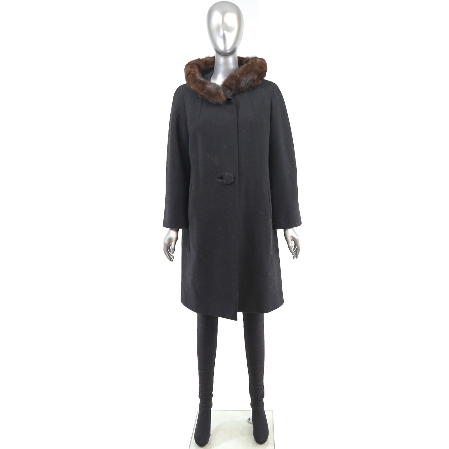 Black Fabric Coat With Mink Collar- Size L