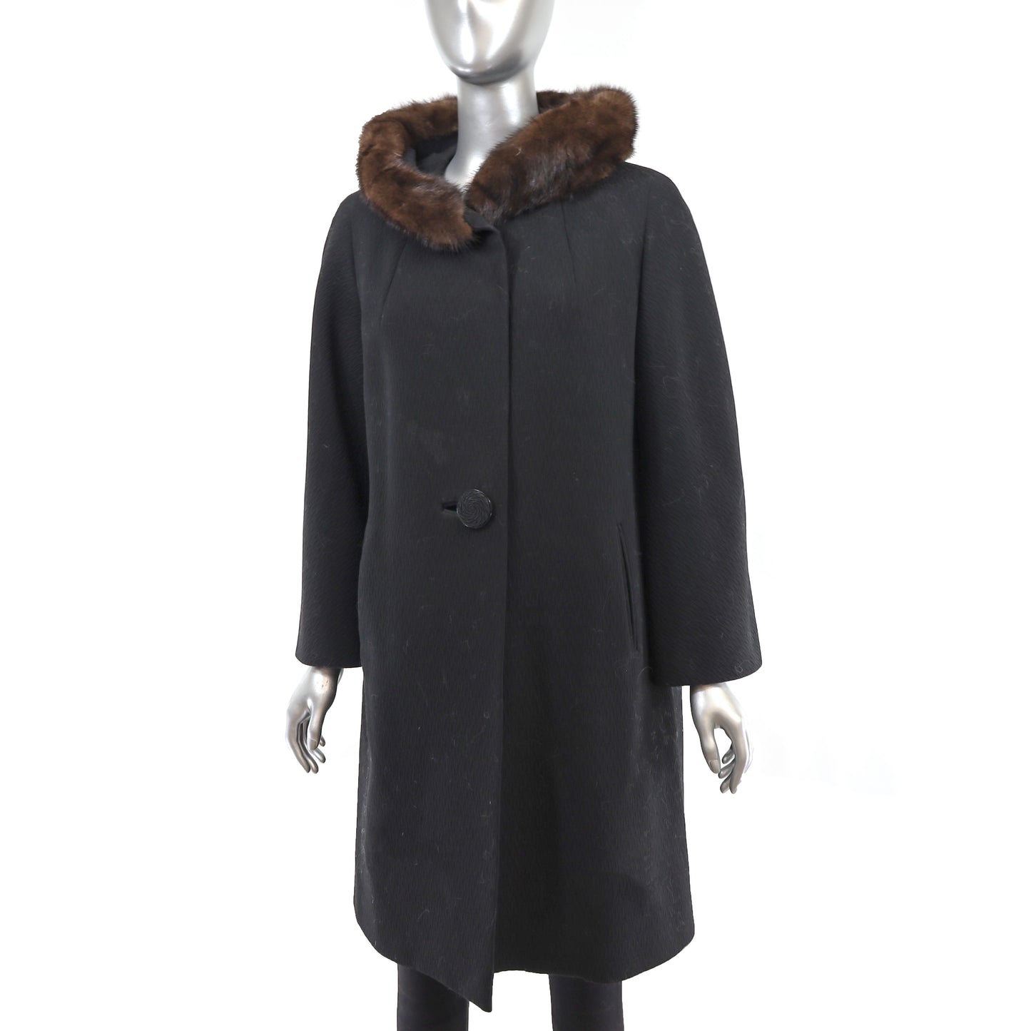 Black Fabric Coat With Mink Collar- Size L