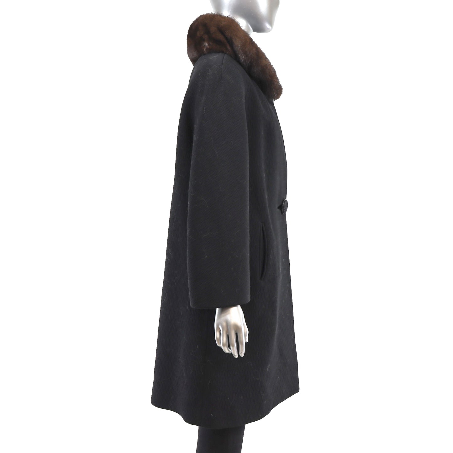 Black Fabric Coat With Mink Collar- Size L