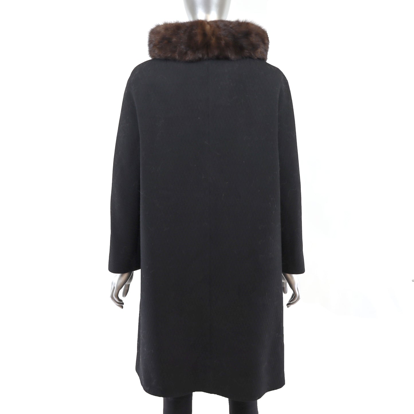 Black Fabric Coat With Mink Collar- Size L