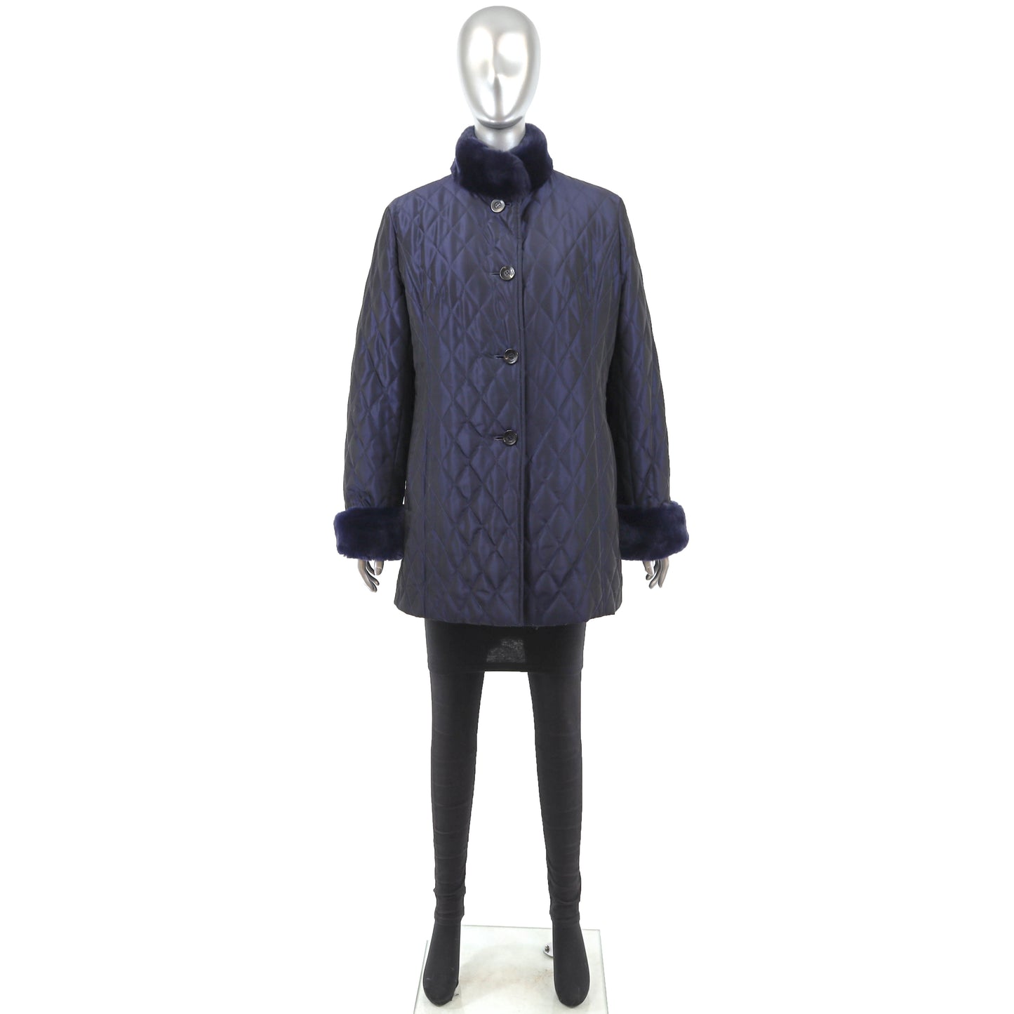 Blue Jacket with Detachable Rabbit Lining and Trim- Size M