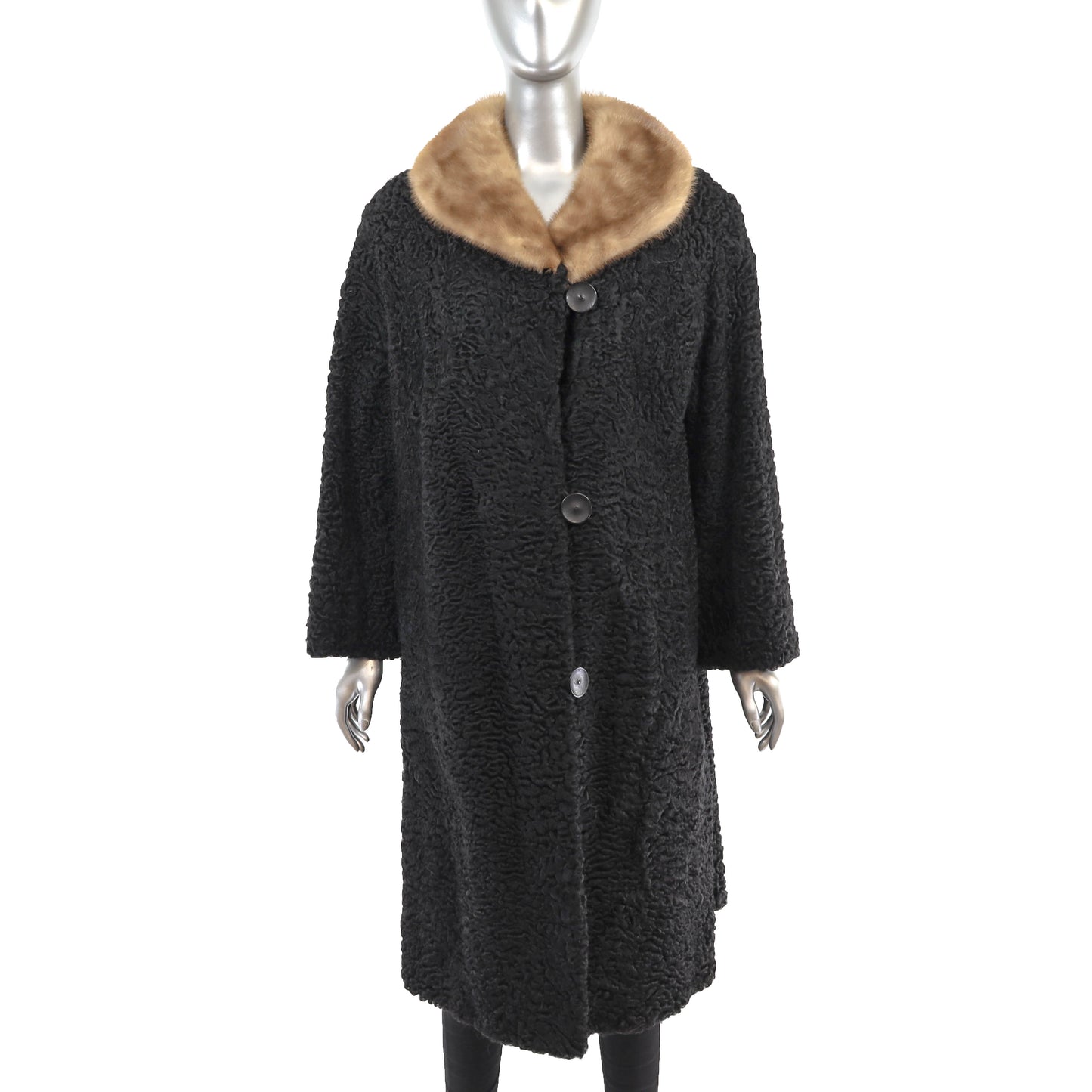 Black Persian Lamb 7/8 Coat with Mink Collar- Size XL