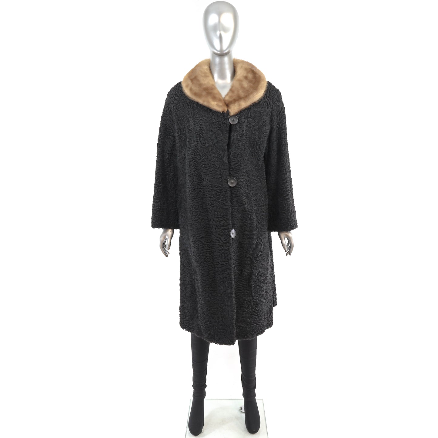 Black Persian Lamb 7/8 Coat with Mink Collar- Size XL