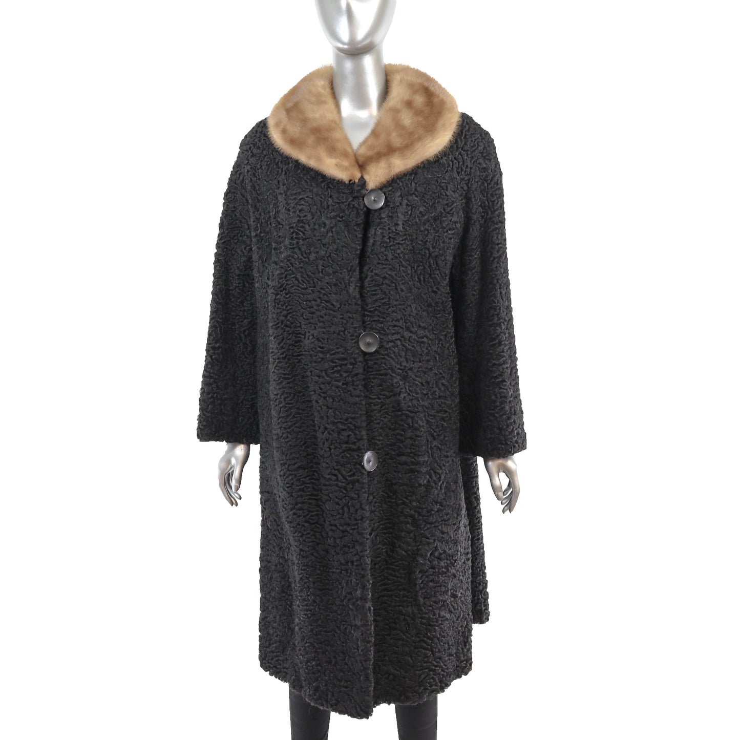 Black Persian Lamb 7/8 Coat with Mink Collar- Size XL