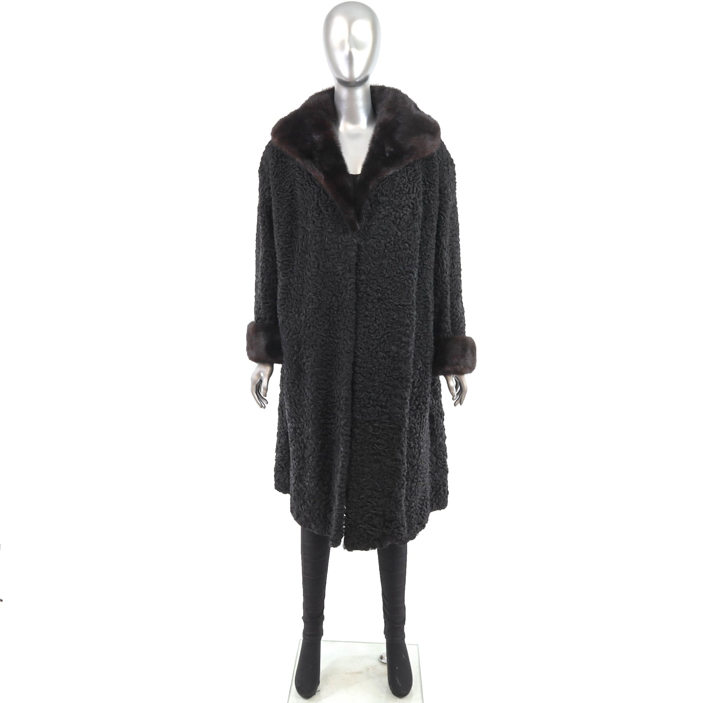 Black Persian Lamb Coat with Mink Trim- Size XL