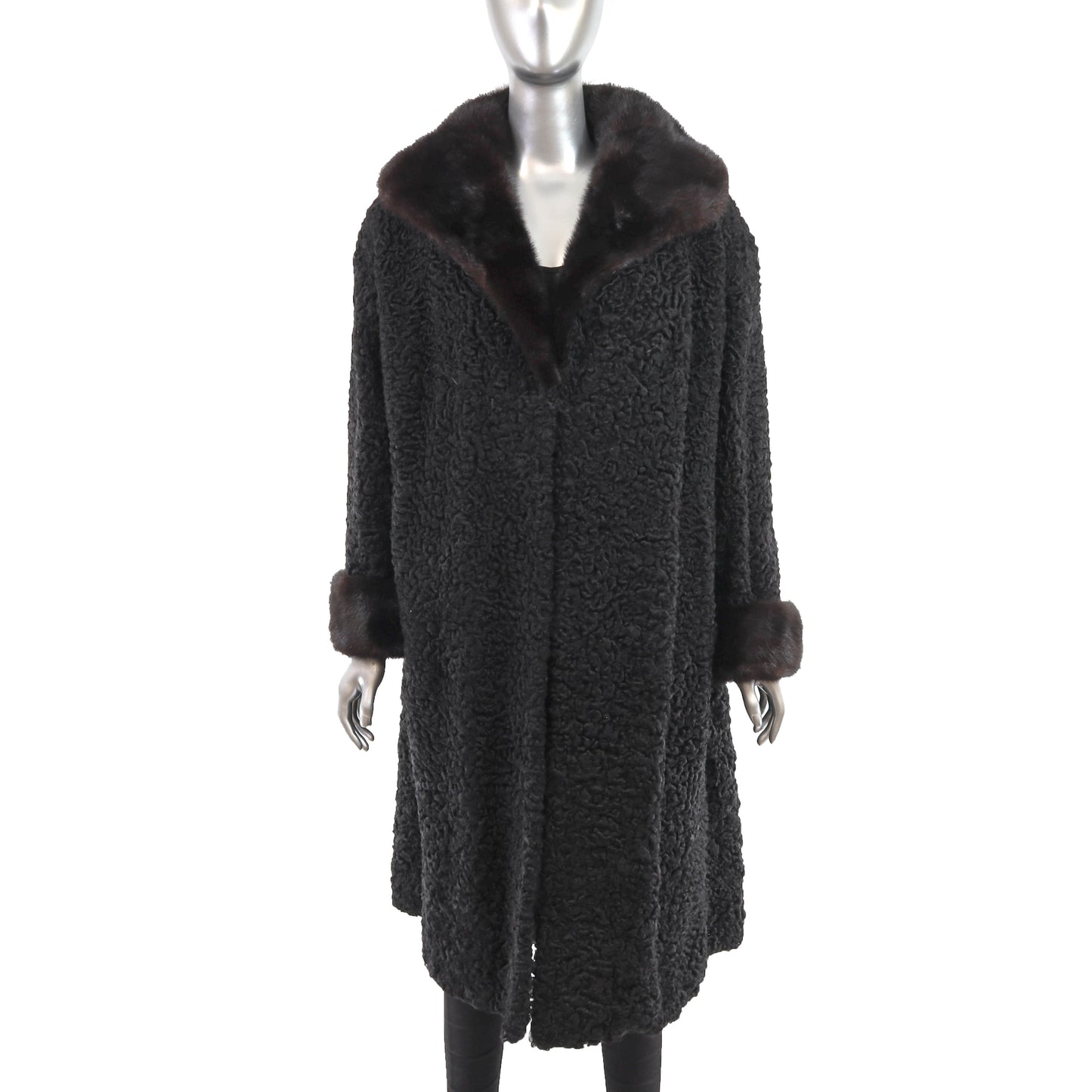 Black Persian Lamb Coat with Mink Trim- Size XL