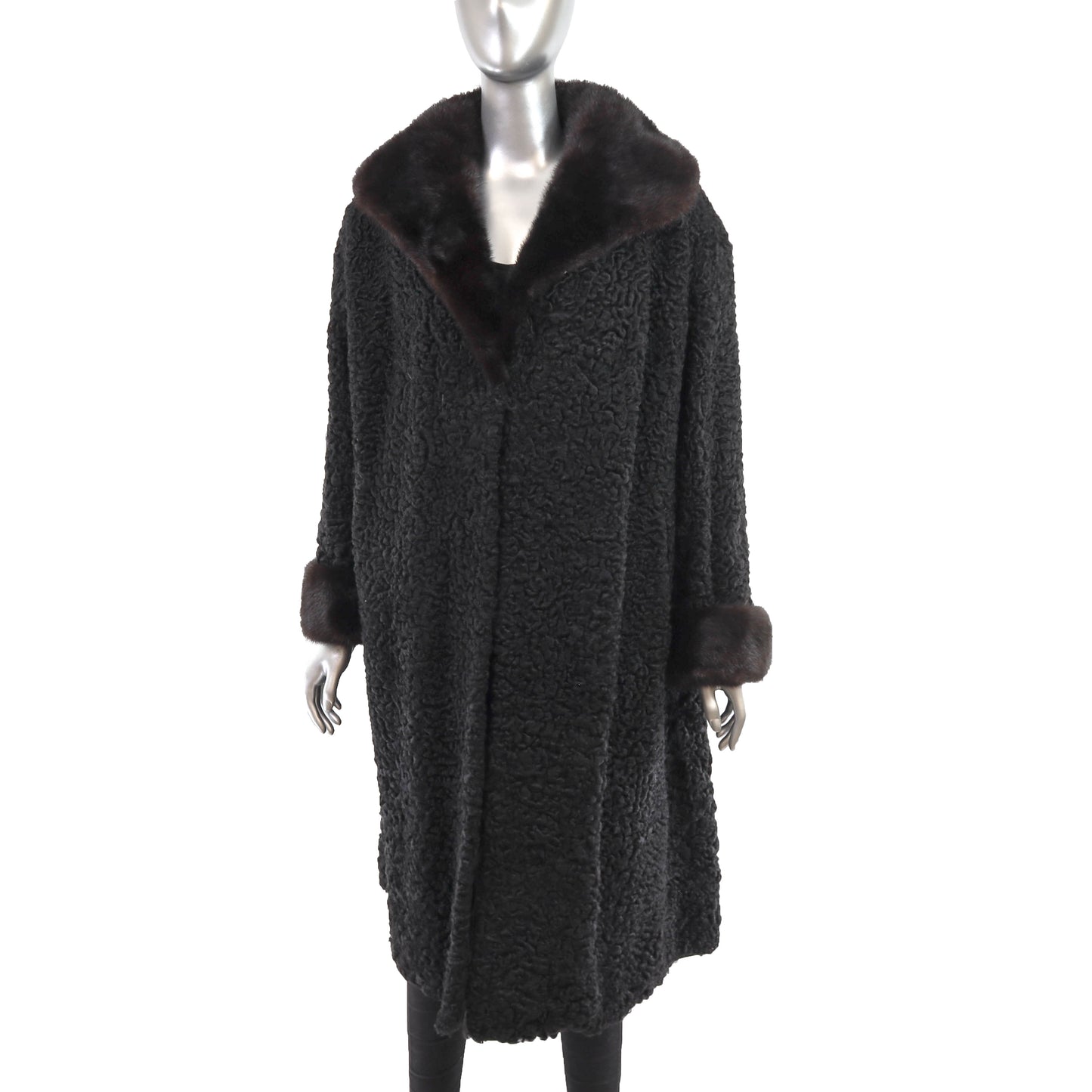 Black Persian Lamb Coat with Mink Trim- Size XL