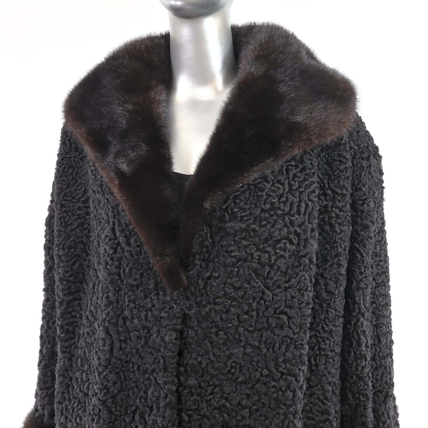 Black Persian Lamb Coat with Mink Trim- Size XL