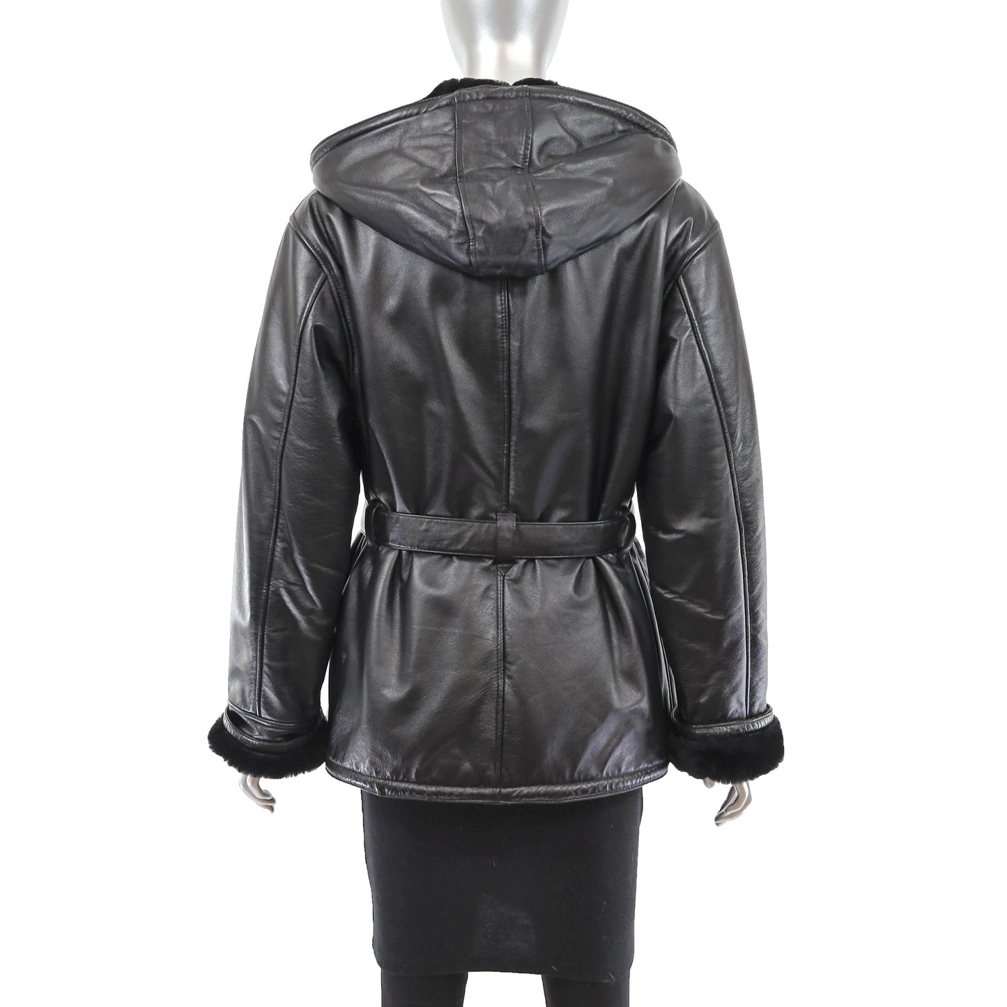 Hooded Leather Jacket with Faux Fur Lining- Size M