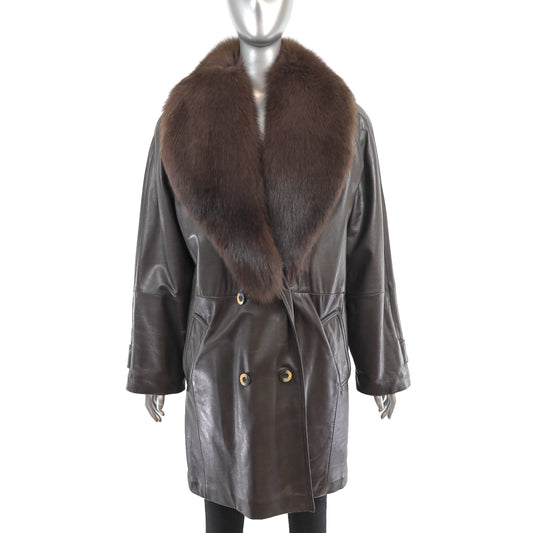 Brown Leather Coat with Detachable Fox Collar- Size M