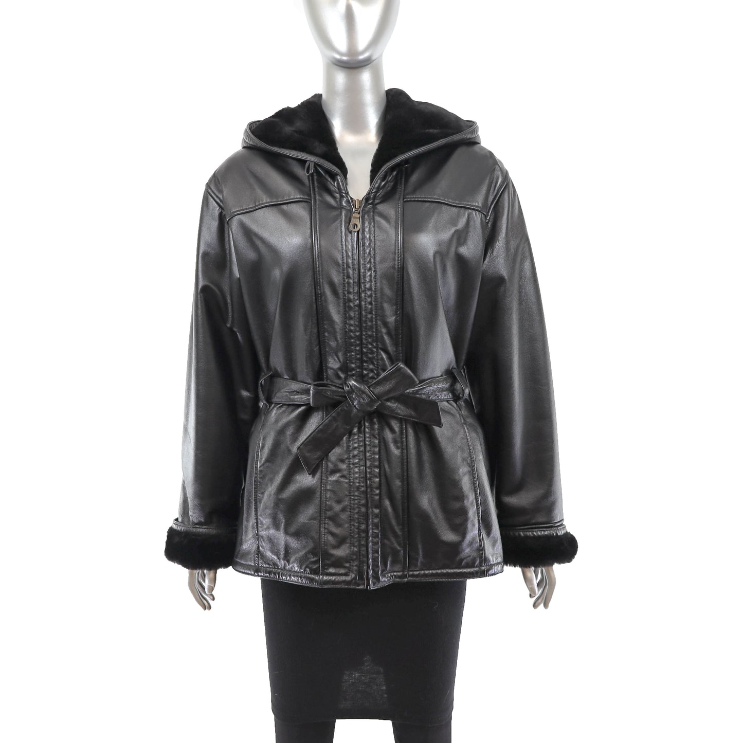 Hooded Leather Jacket with Faux Fur Lining- Size M