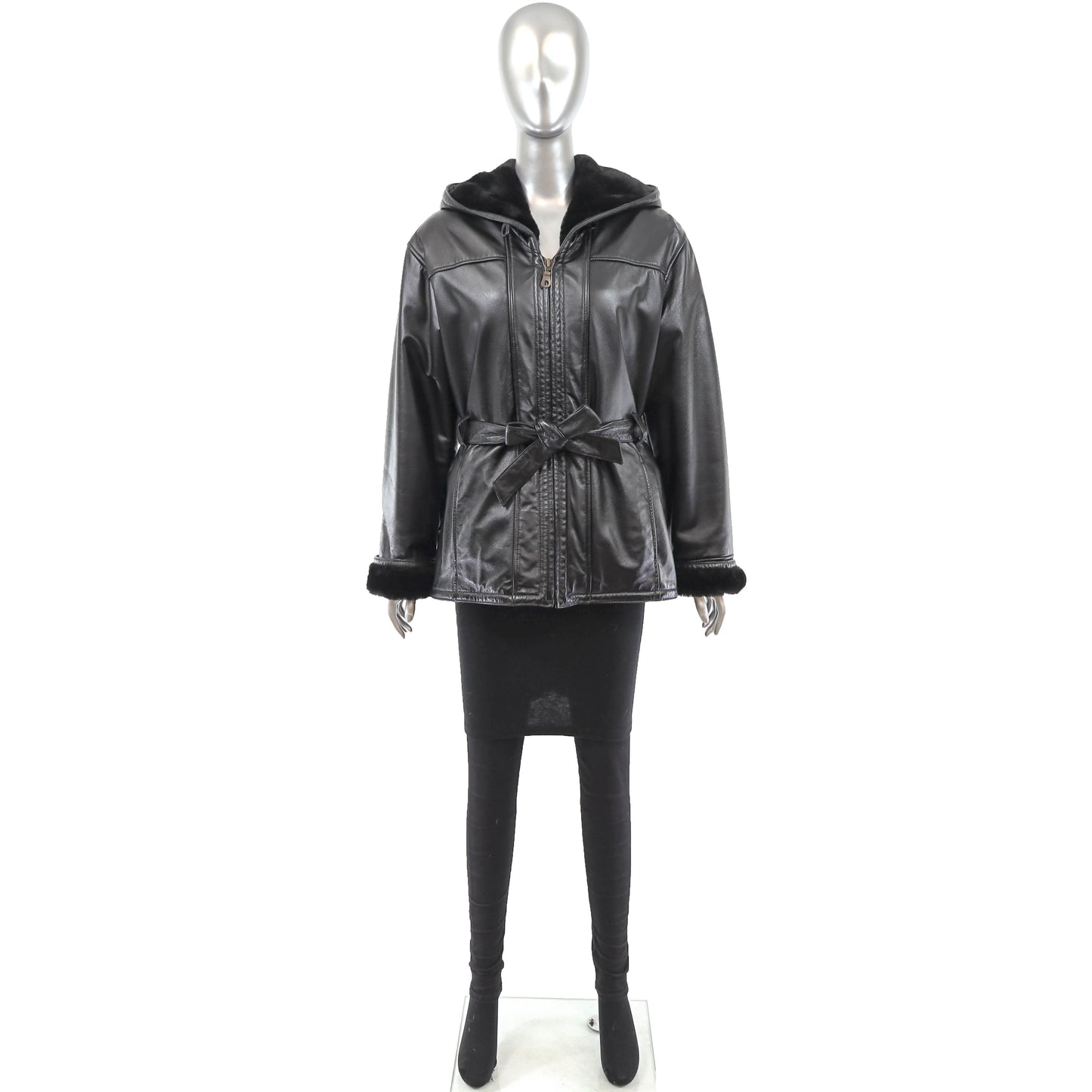 Hooded Leather Jacket with Faux Fur Lining- Size M