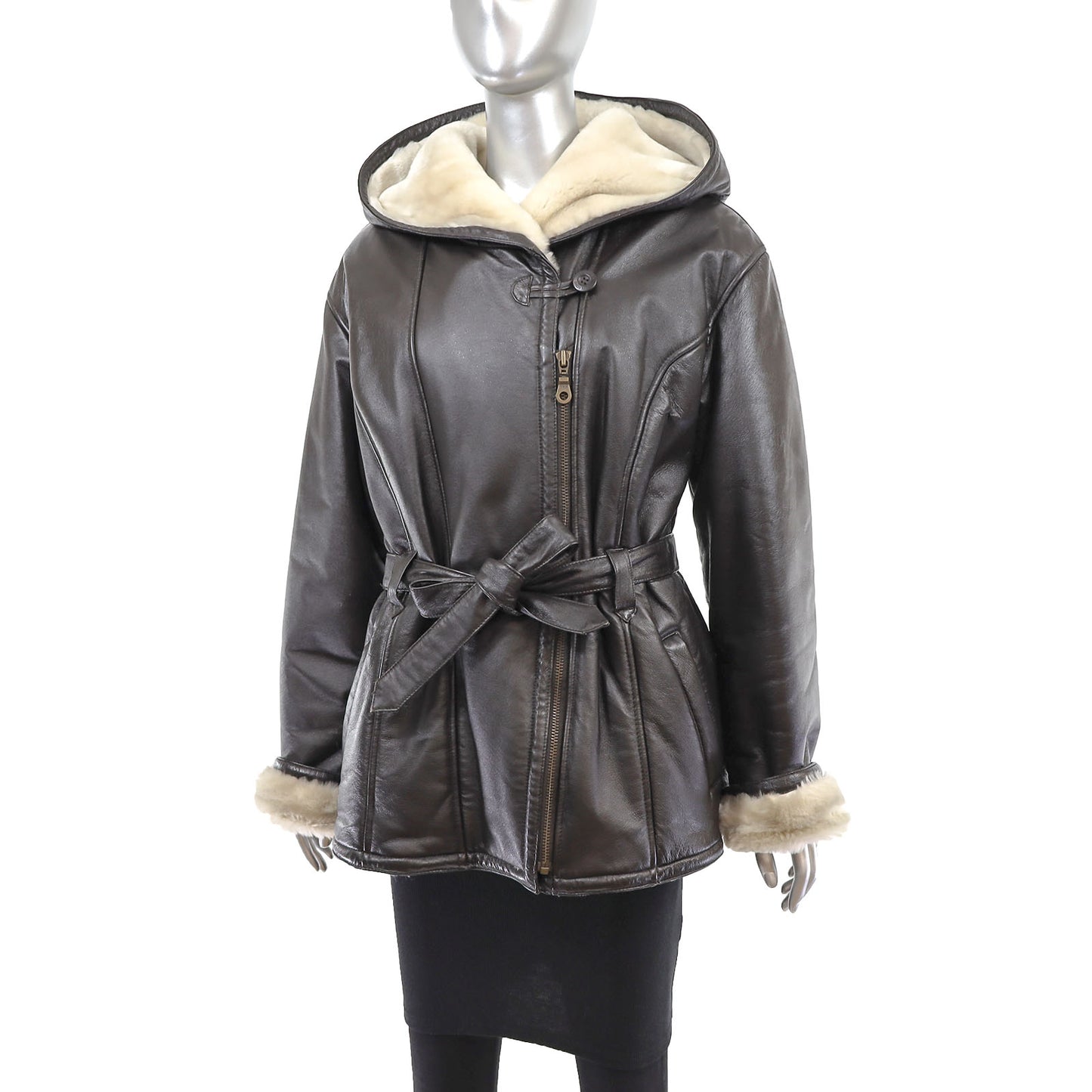 Hooded Leather Jacket- Size L