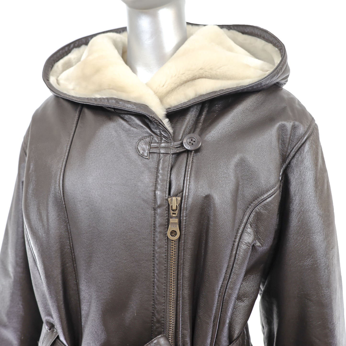 Hooded Leather Jacket- Size L