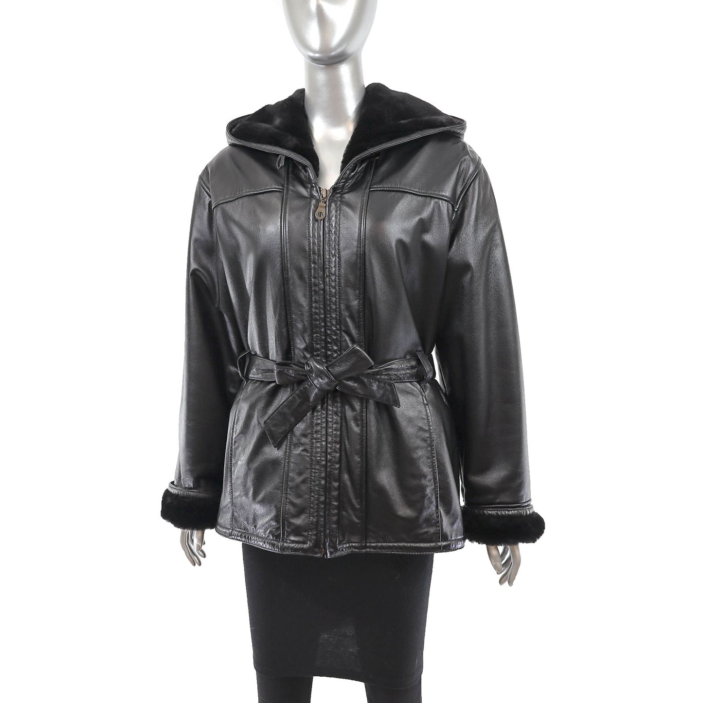 Hooded Leather Jacket with Faux Fur Lining- Size M