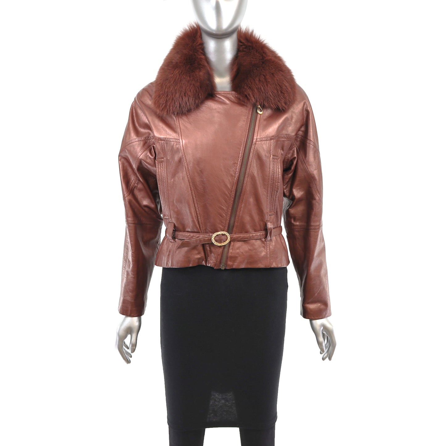 Metallic Leather Jacket with Removable Fox Collar- Size XS