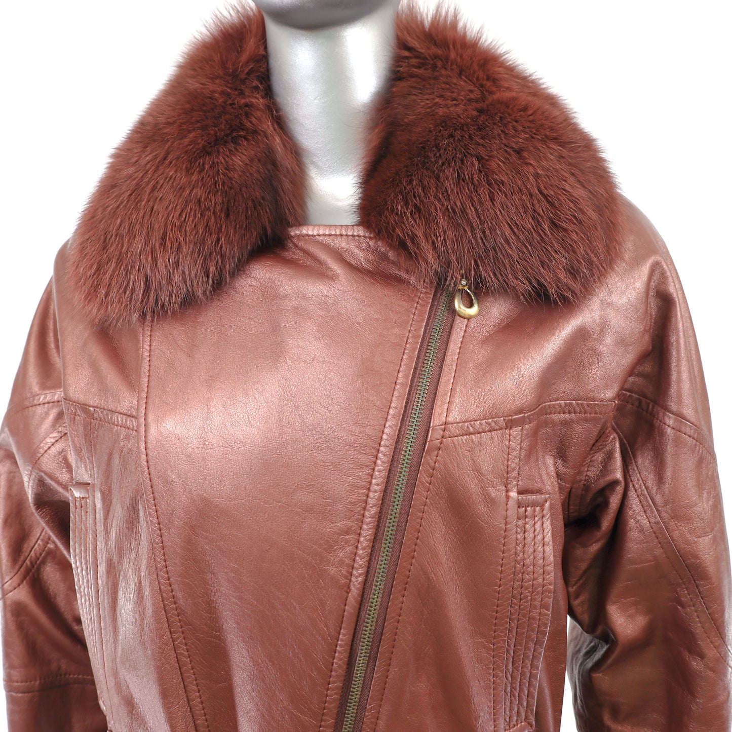 Metallic Leather Jacket with Removable Fox Collar- Size XS