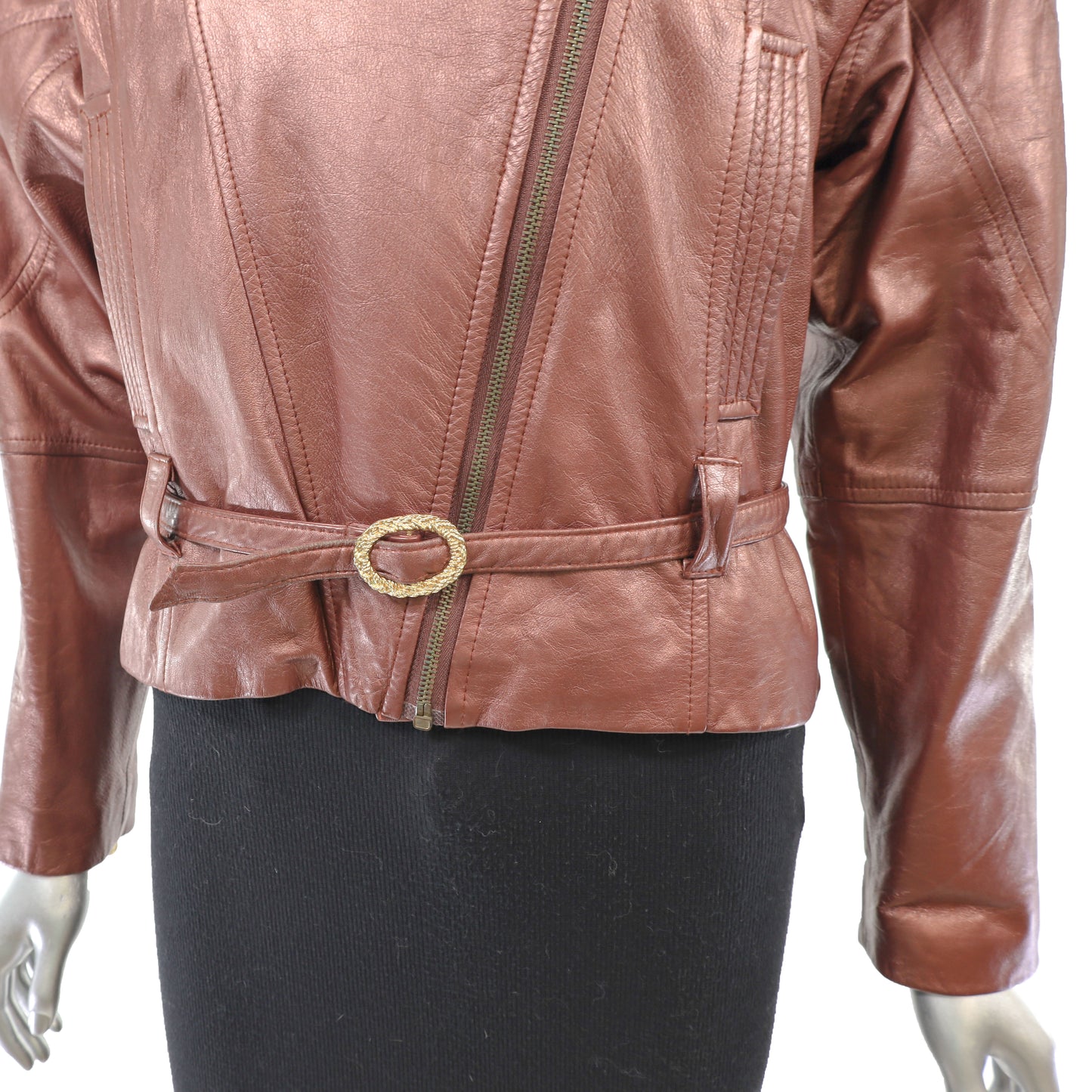 Metallic Leather Jacket with Removable Fox Collar- Size XS