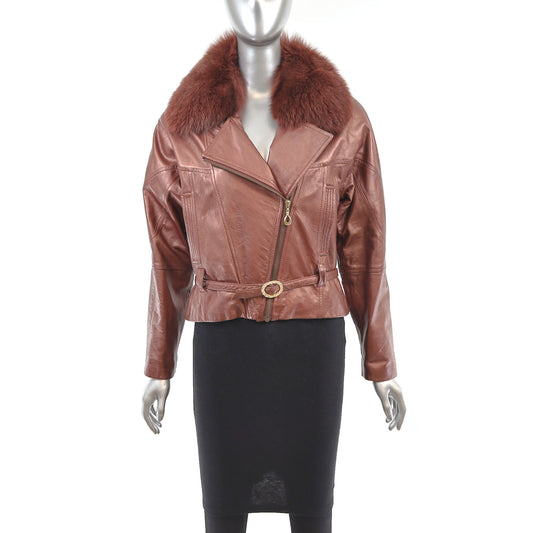 Metallic Leather Jacket with Removable Fox Collar- Size XS