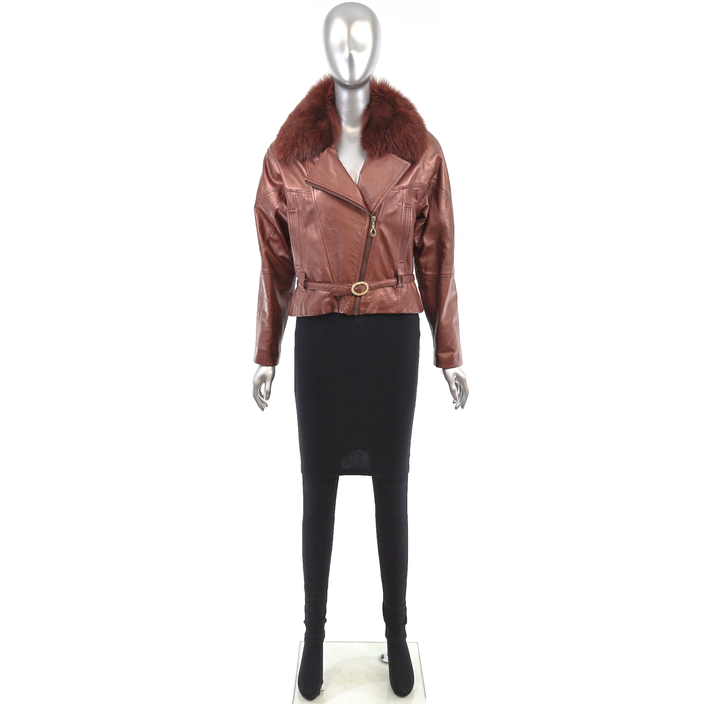 Metallic Leather Jacket with Removable Fox Collar- Size XS