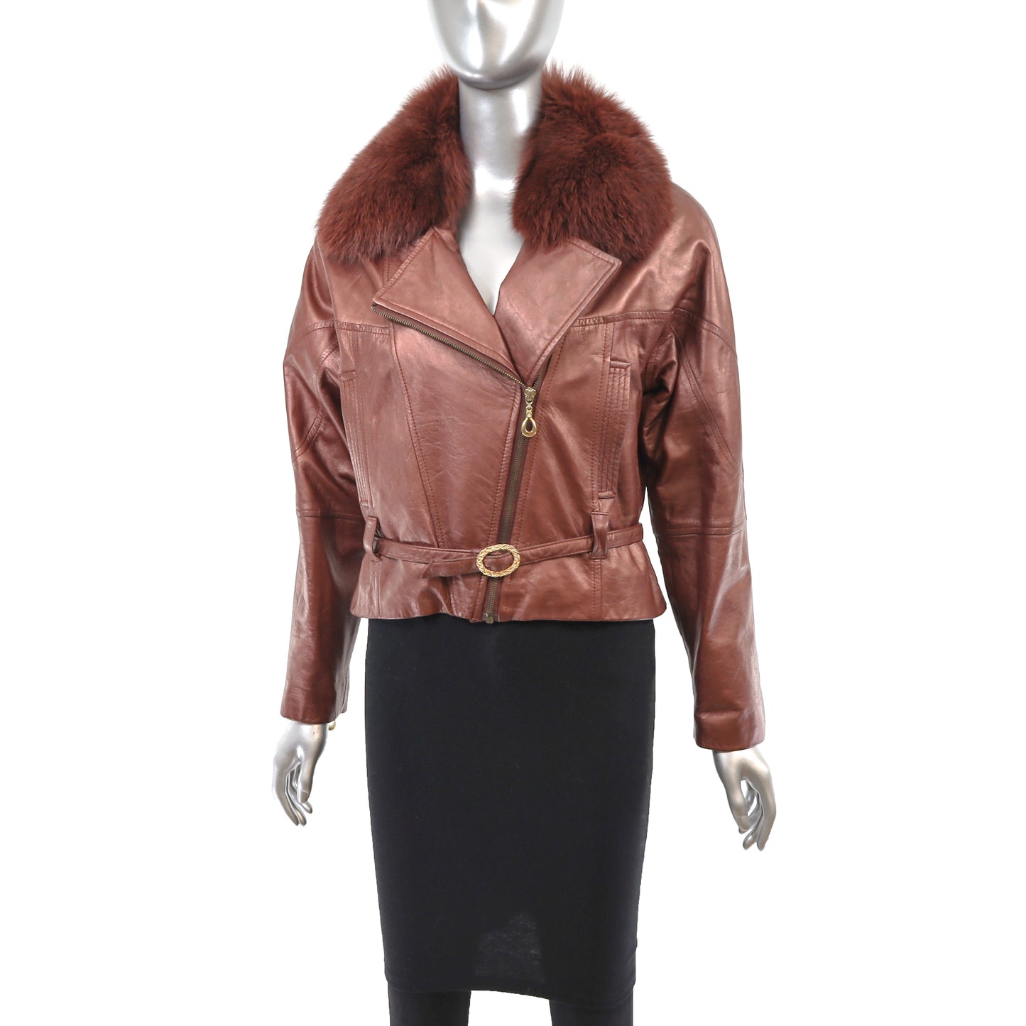 Metallic Leather Jacket with Removable Fox Collar- Size XS