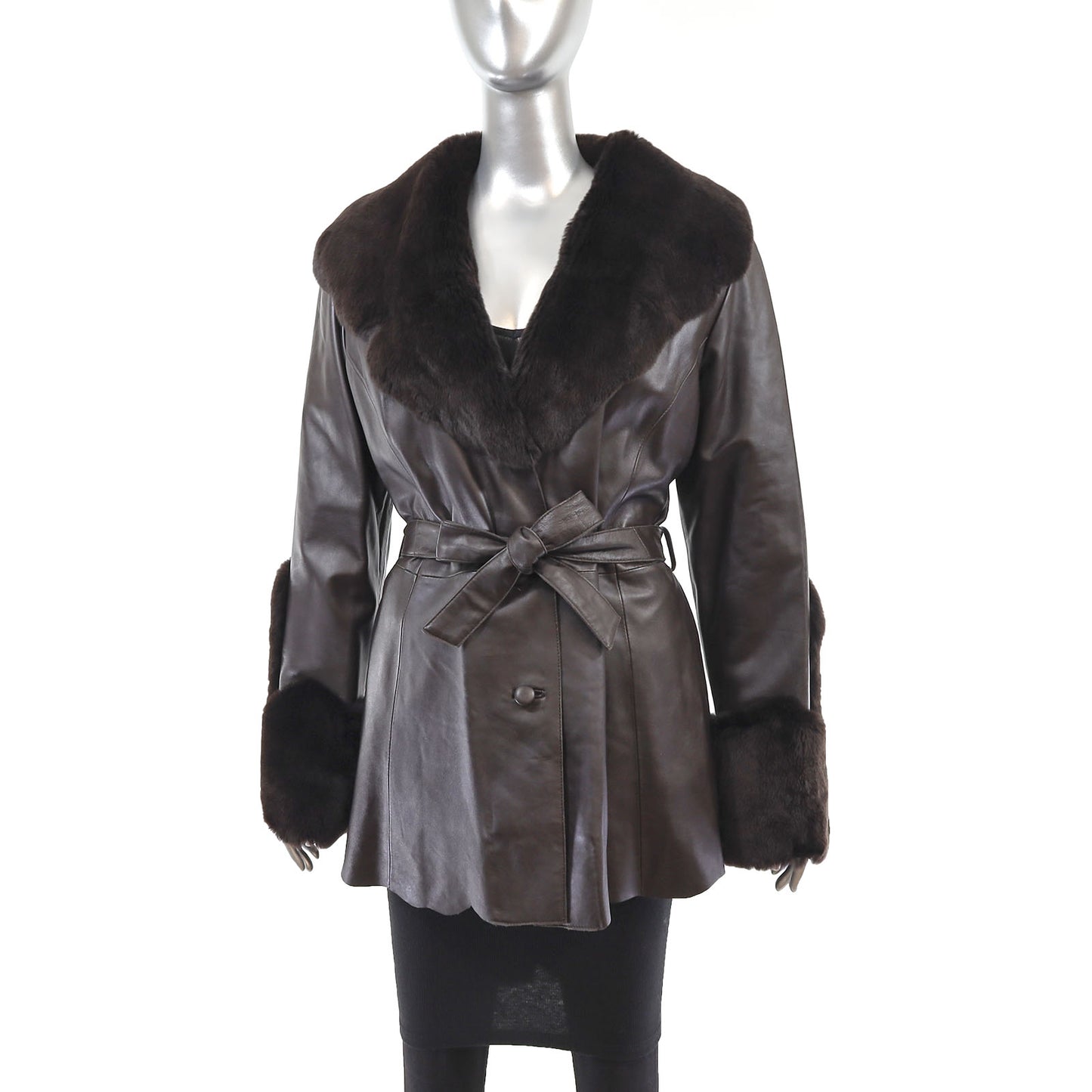 Brown Leather Jacket with Rabbit Trim- Size S