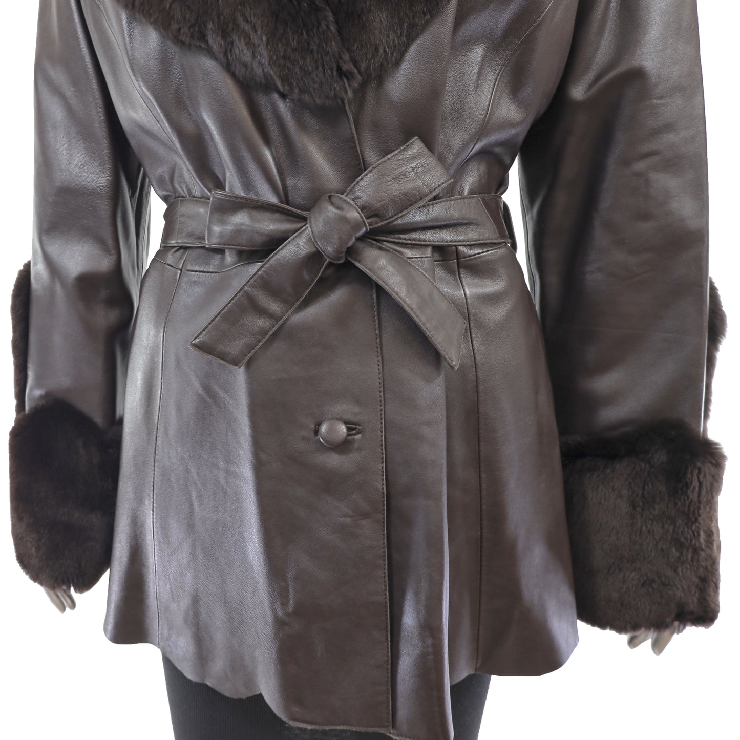 Brown Leather Jacket with Rabbit Trim- Size S