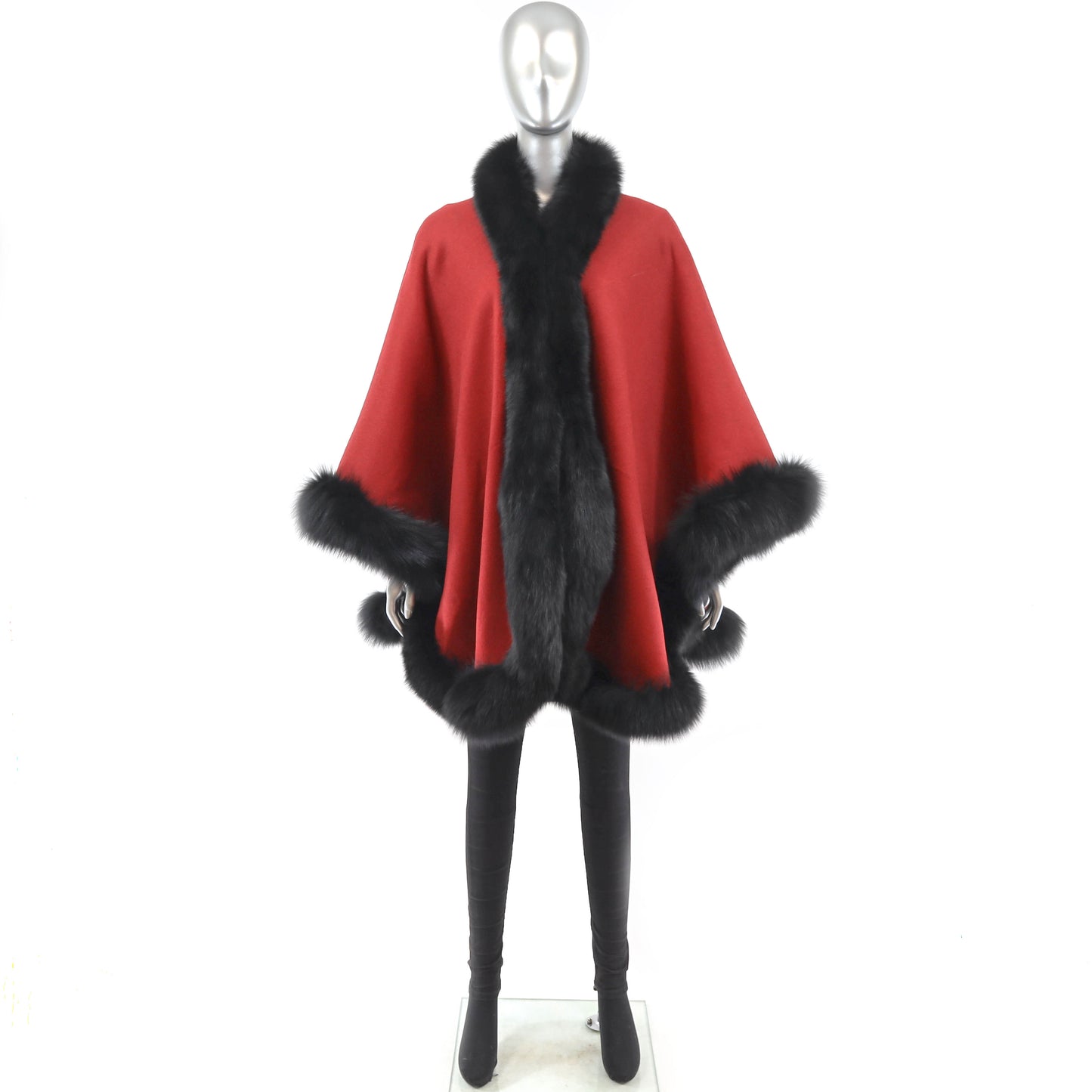 Red Cashmere Cape with Fox Trim- Size Free