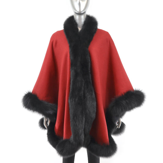 Red Cashmere Cape with Fox Trim- Size Free