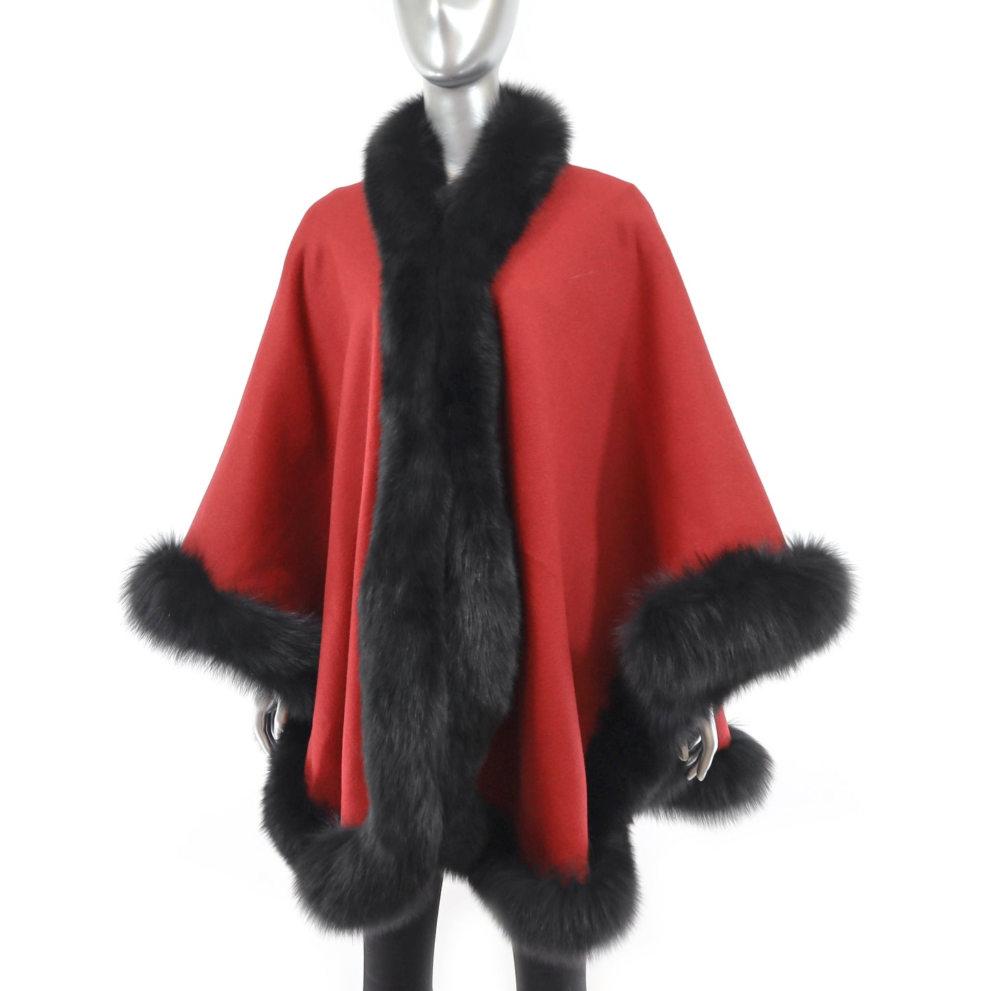 Red Cashmere Cape with Fox Trim- Size Free