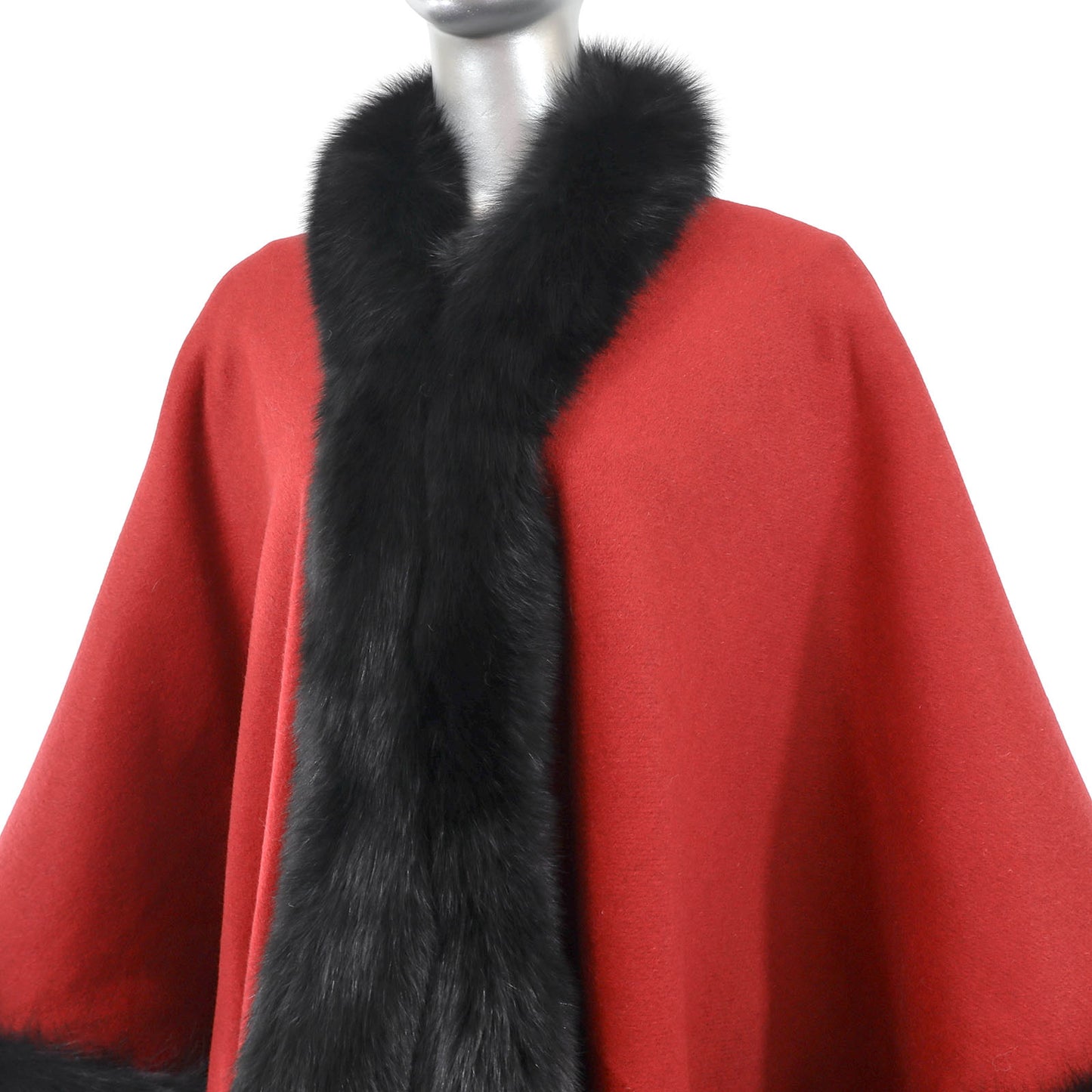 Red Cashmere Cape with Fox Trim- Size Free