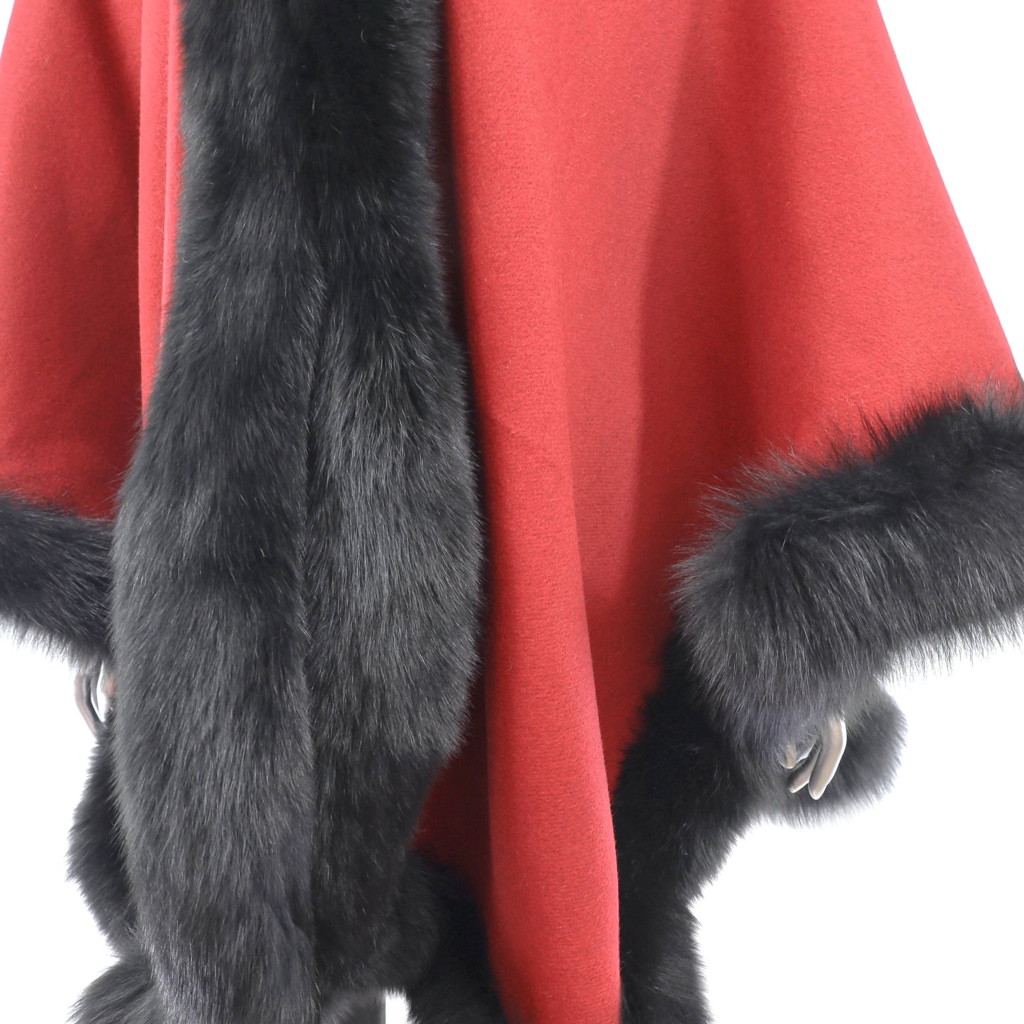 Red Cashmere Cape with Fox Trim- Size Free