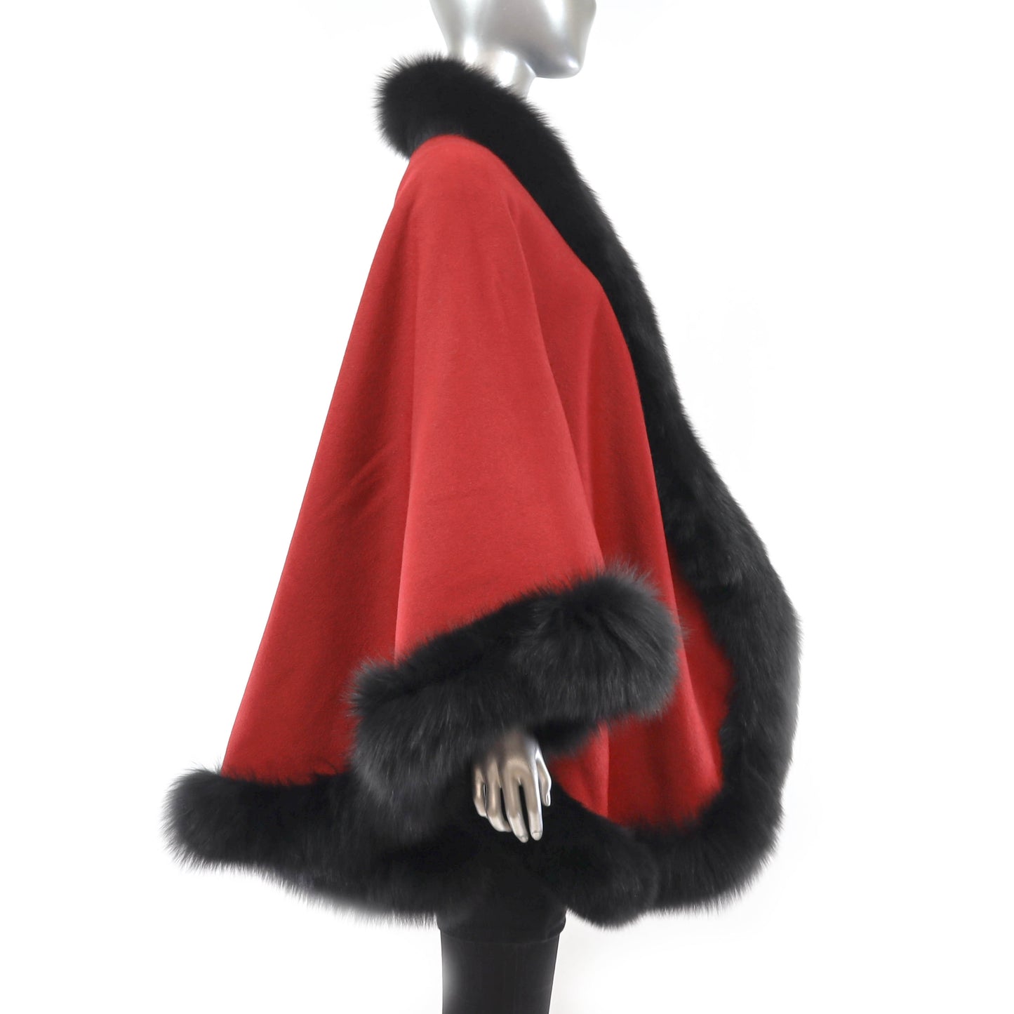 Red Cashmere Cape with Fox Trim- Size Free