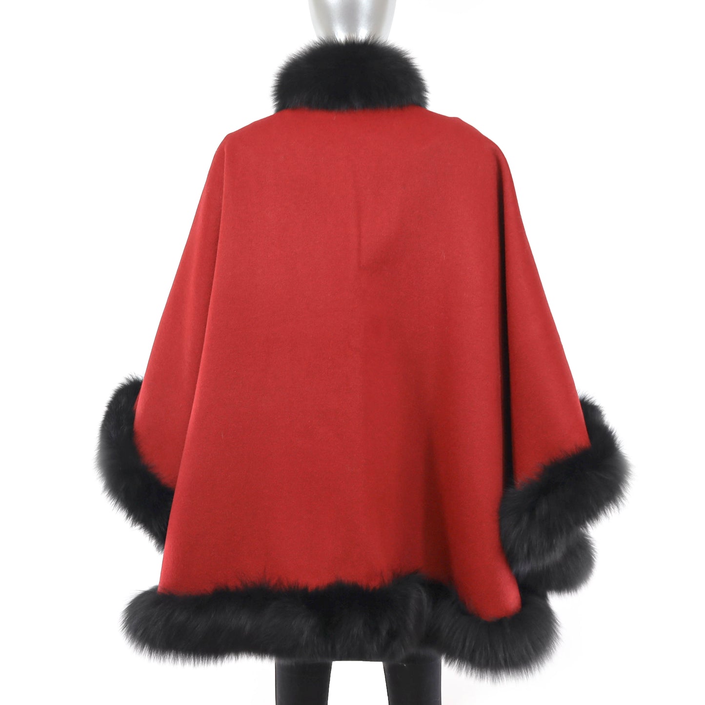 Red Cashmere Cape with Fox Trim- Size Free